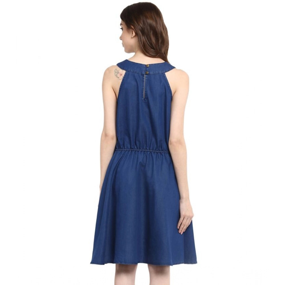 Seduva Women's Denim Solid Sleeveless Dress (Blue)