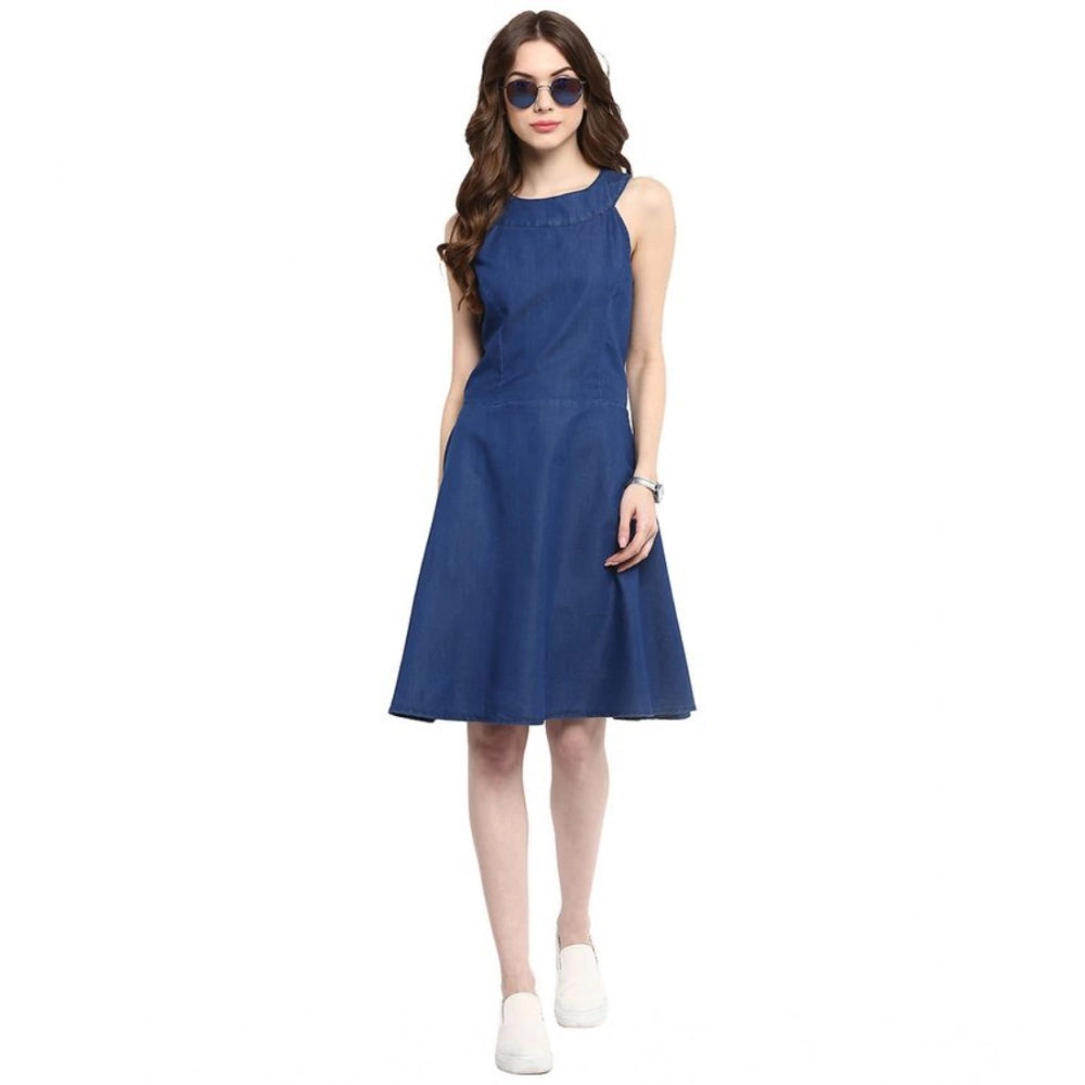 Seduva Women's Denim Solid Sleeveless Dress (Blue)