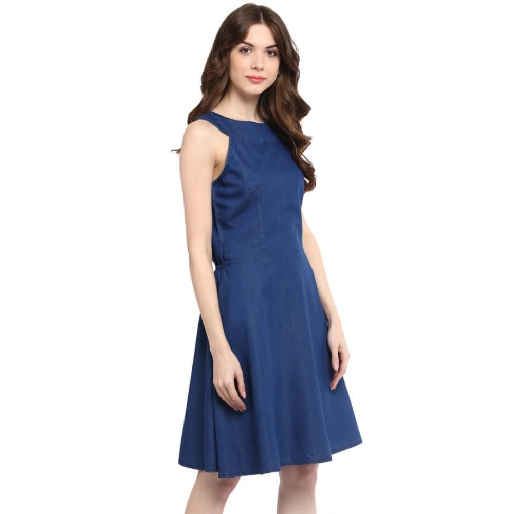 Seduva Women's Denim Solid Sleeveless Dress (Blue)