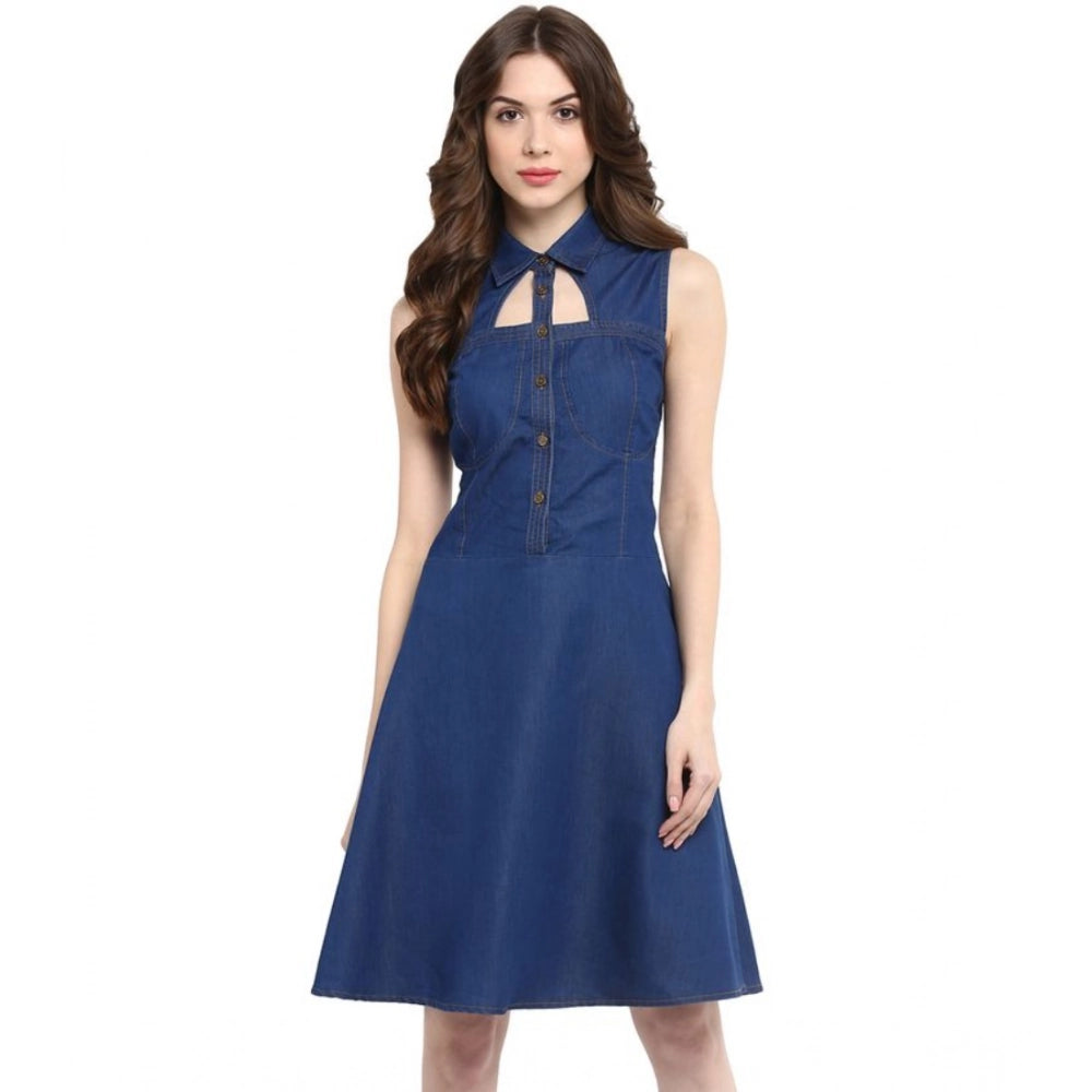 Seduva Women's Denim Solid Sleeveless Dress (Navy Blue)