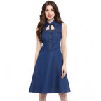 Seduva Women's Denim Solid Sleeveless Dress (Navy Blue)