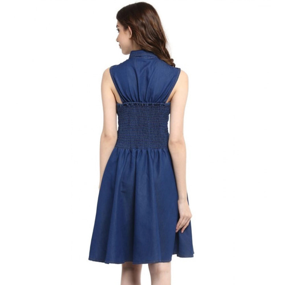 Seduva Women's Denim Solid Sleeveless Dress (Navy Blue)