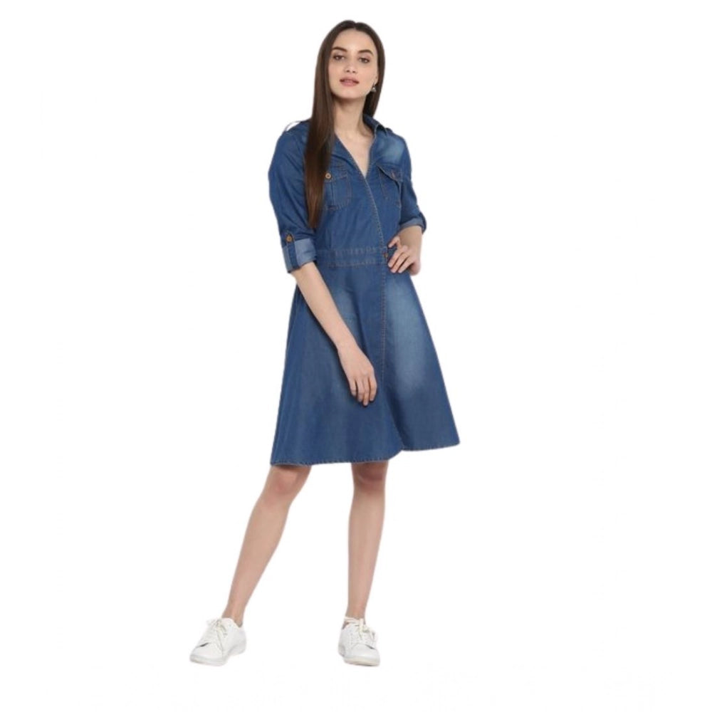 Seduva Women's Denim Solid Roll Up Sleeve Dress (Blue)