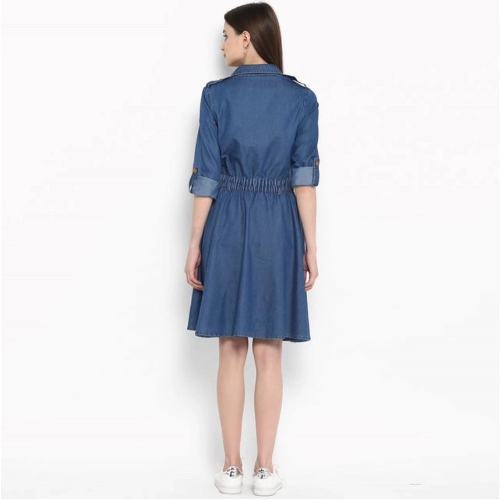 Seduva Women's Denim Solid Roll Up Sleeve Dress (Blue)