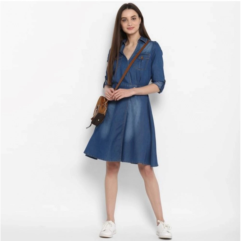Seduva Women's Denim Solid Roll Up Sleeve Dress (Blue)
