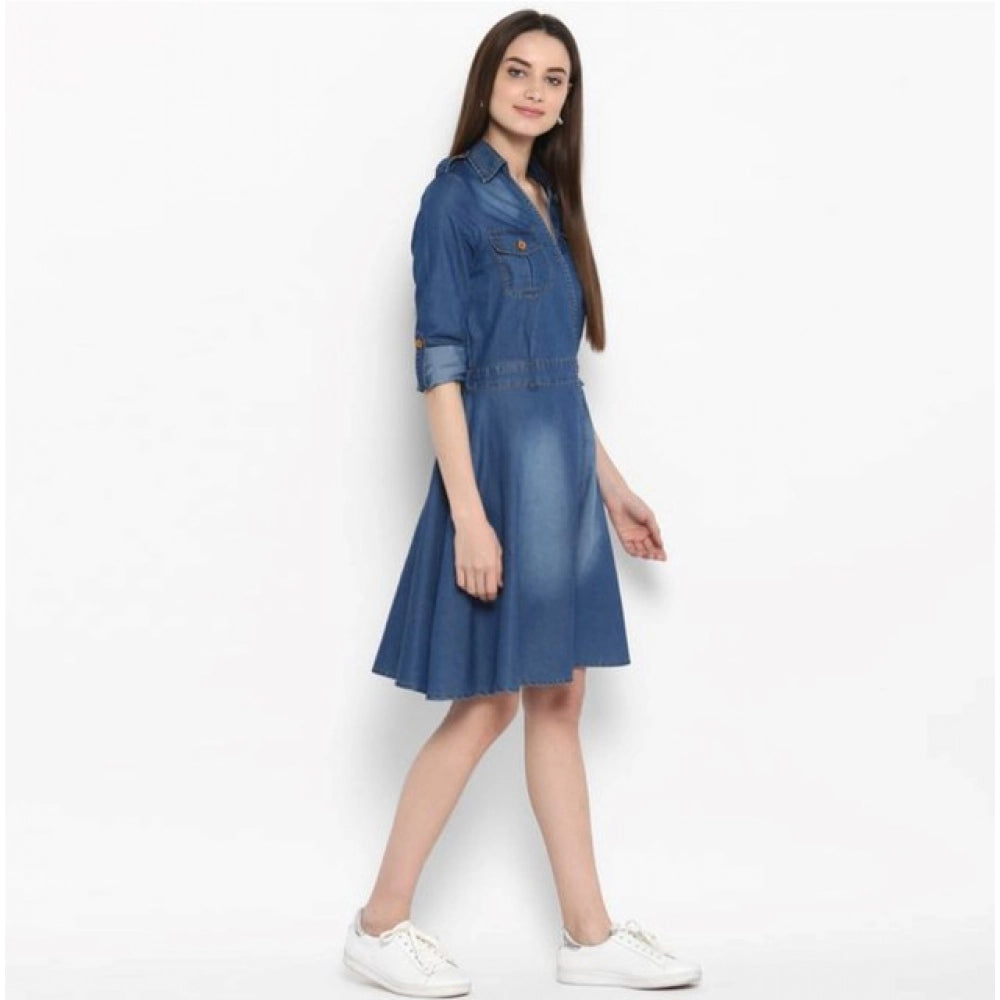 Seduva Women's Denim Solid Roll Up Sleeve Dress (Blue)