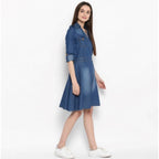 Seduva Women's Denim Solid Roll Up Sleeve Dress (Blue)