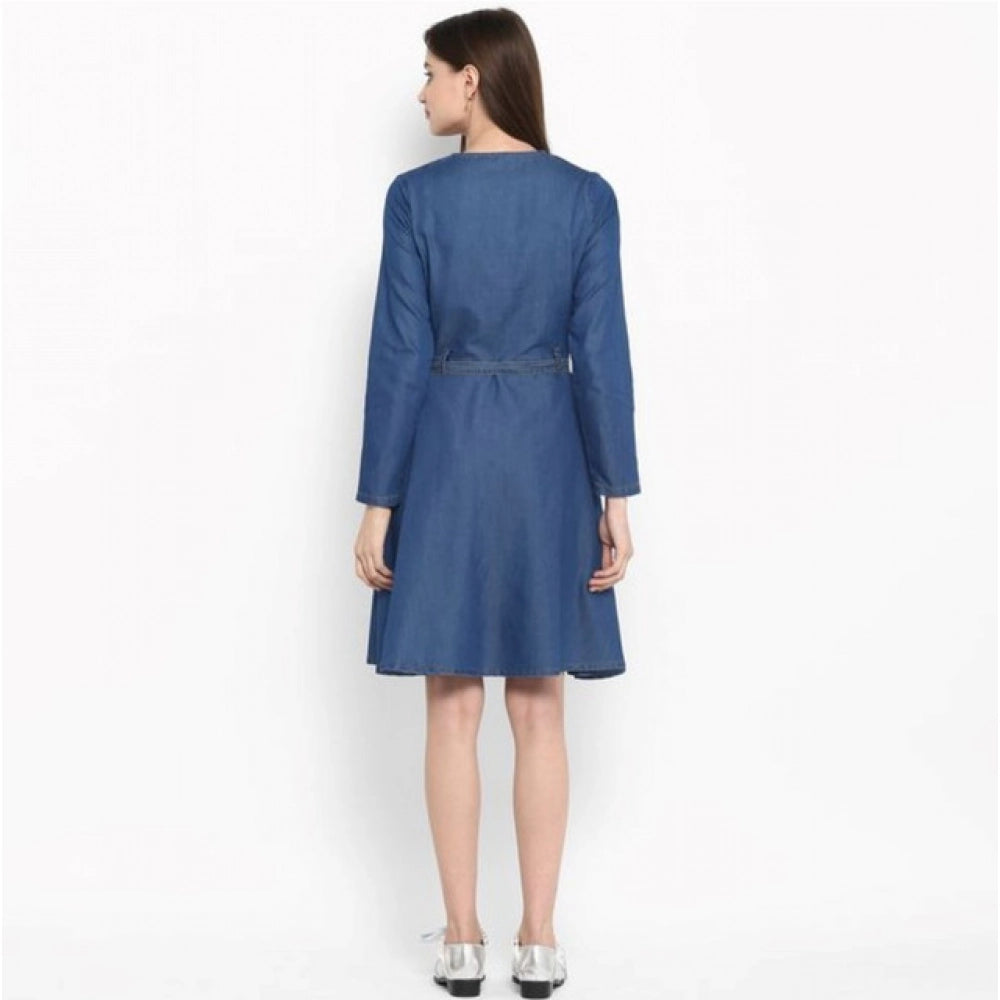 Seduva Women's Denim Washed Regular Sleeves Dress (Blue)