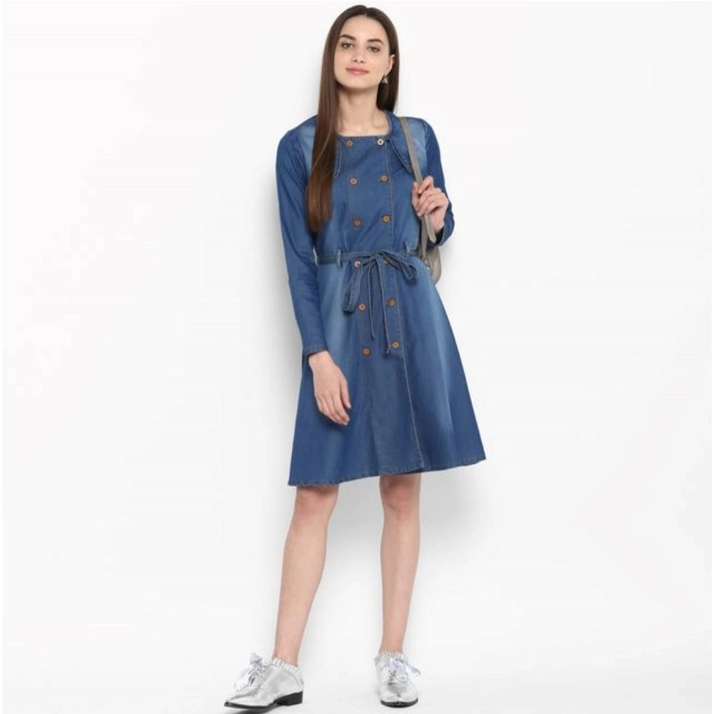 Seduva Women's Denim Washed Regular Sleeves Dress (Blue)