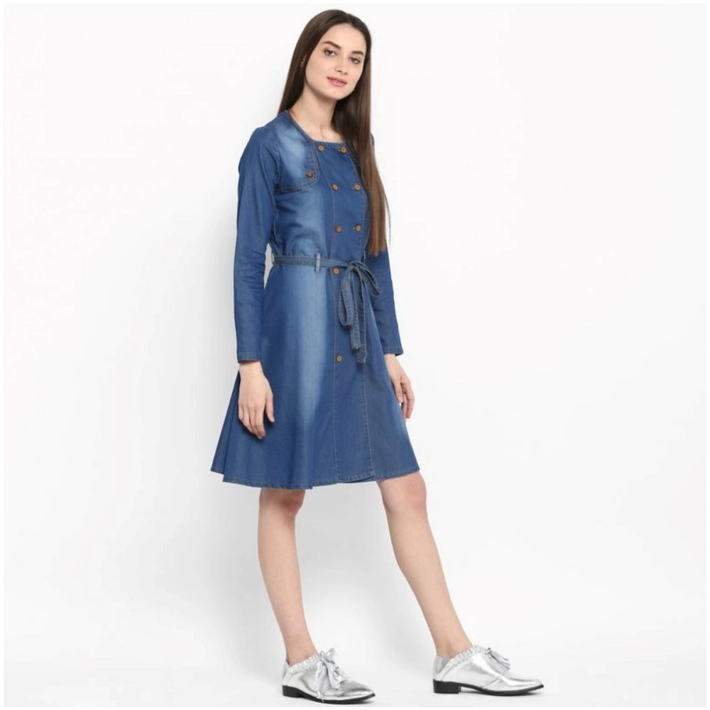 Seduva Women's Denim Washed Regular Sleeves Dress (Blue)