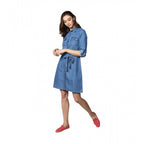Seduva Women's Denim Solid Roll Up Sleeve Dress (Blue)
