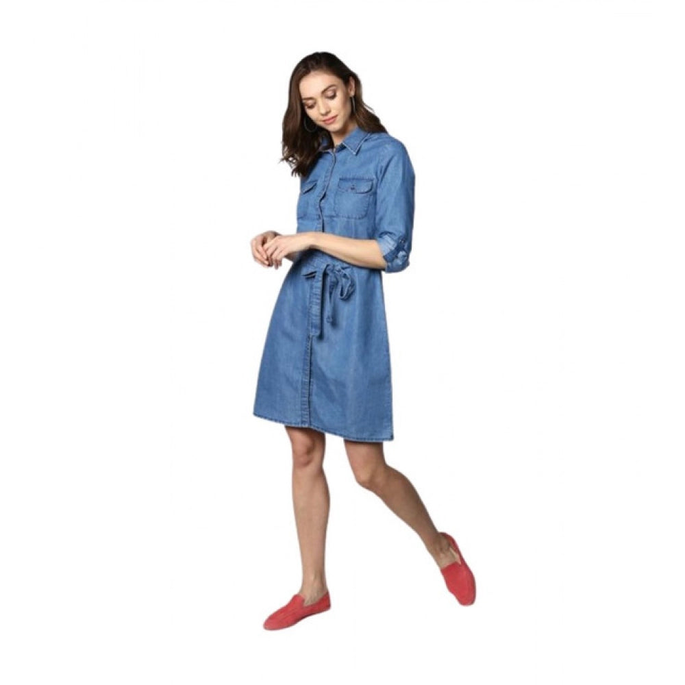 Seduva Women's Denim Solid Roll Up Sleeve Dress (Blue)