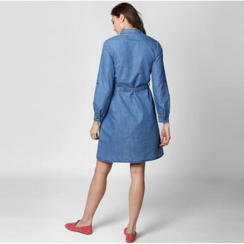 Seduva Women's Denim Solid Roll Up Sleeve Dress (Blue)