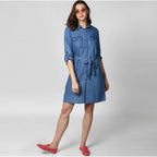 Seduva Women's Denim Solid Roll Up Sleeve Dress (Blue)