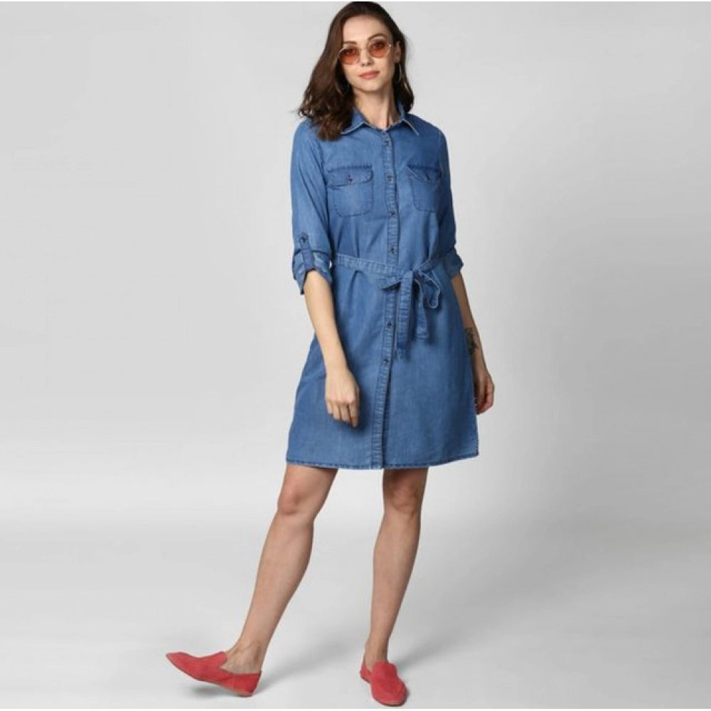 Seduva Women's Denim Solid Roll Up Sleeve Dress (Blue)