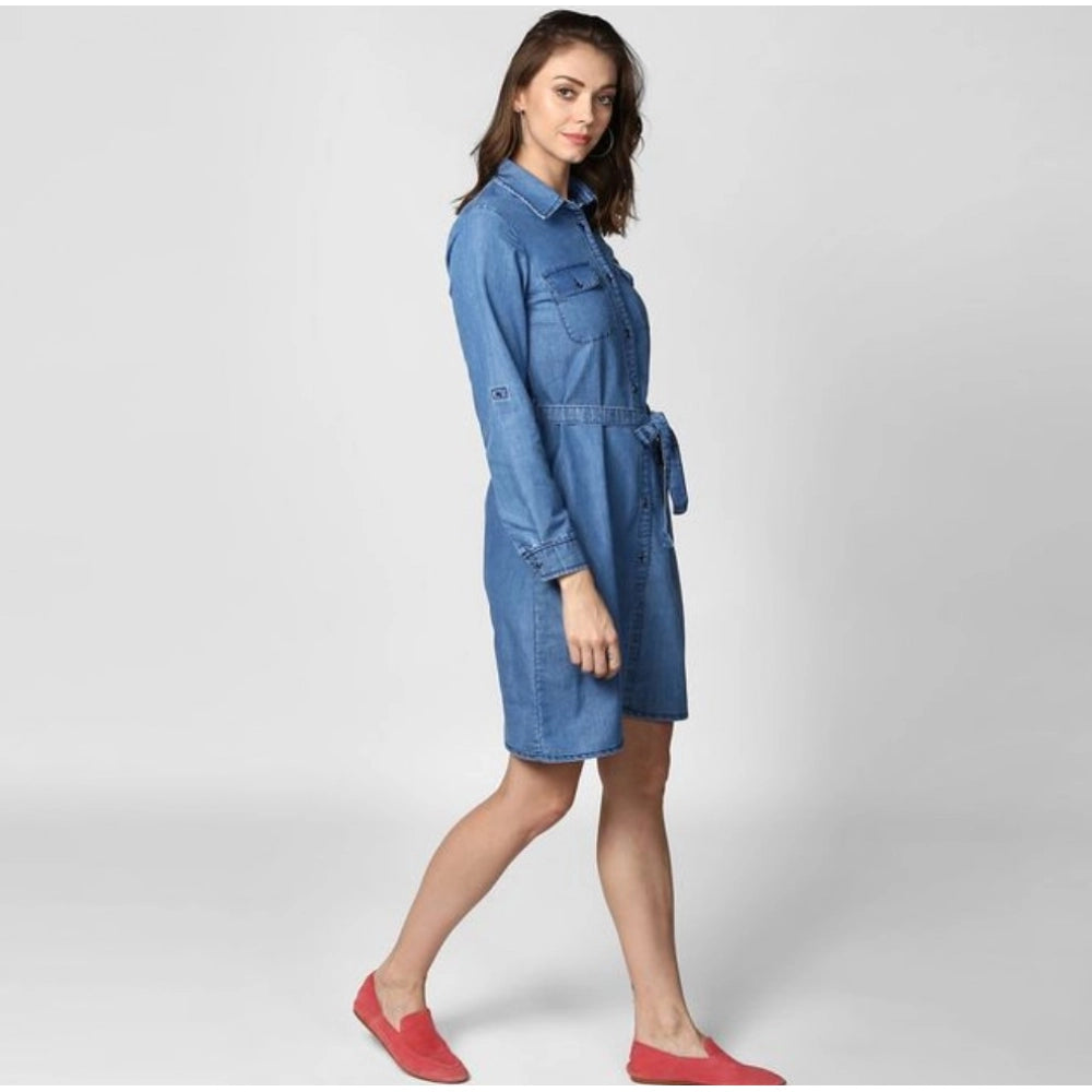 Seduva Women's Denim Solid Roll Up Sleeve Dress (Blue)