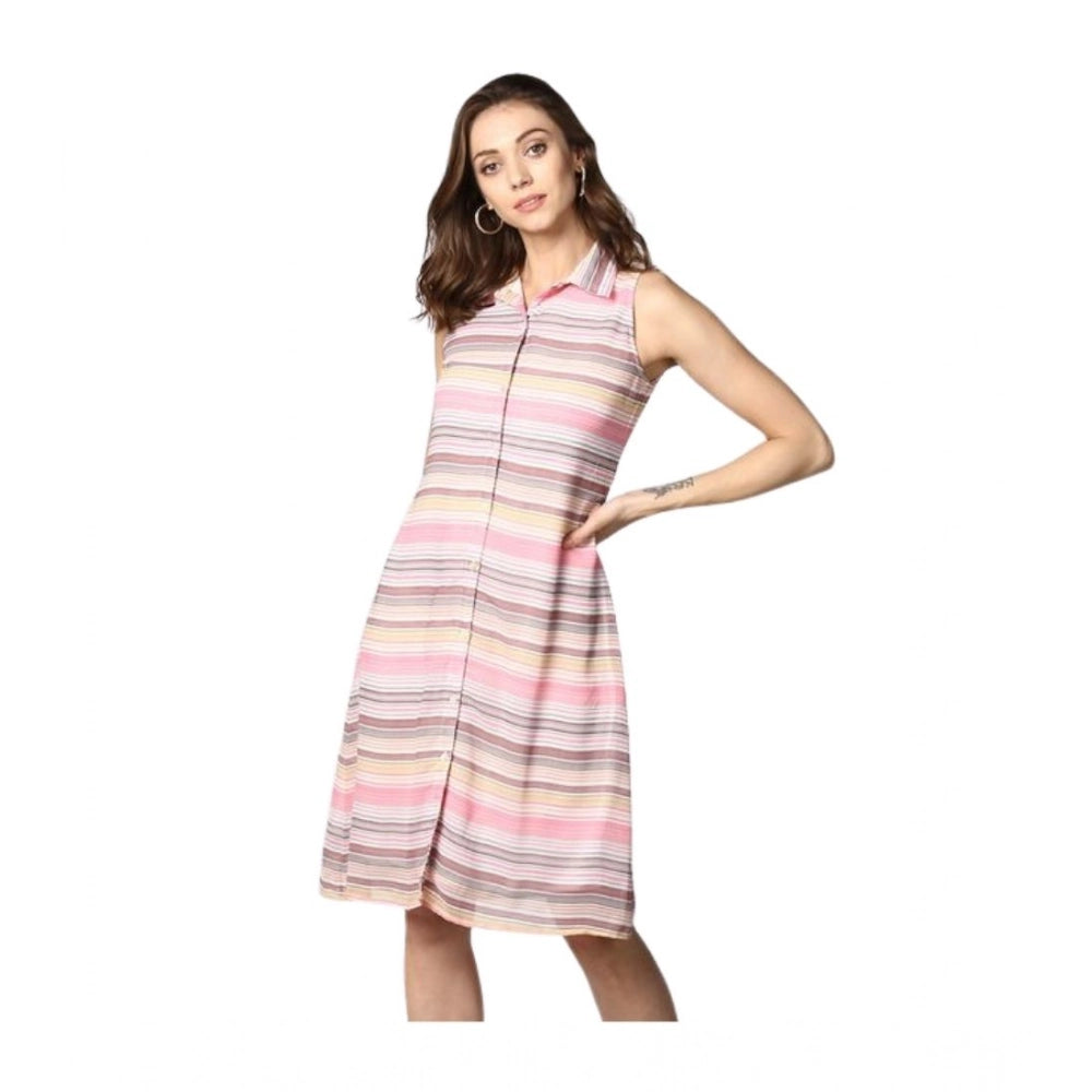 Seduva Women's Polyester Striped Sleeveless Dress (Pink)