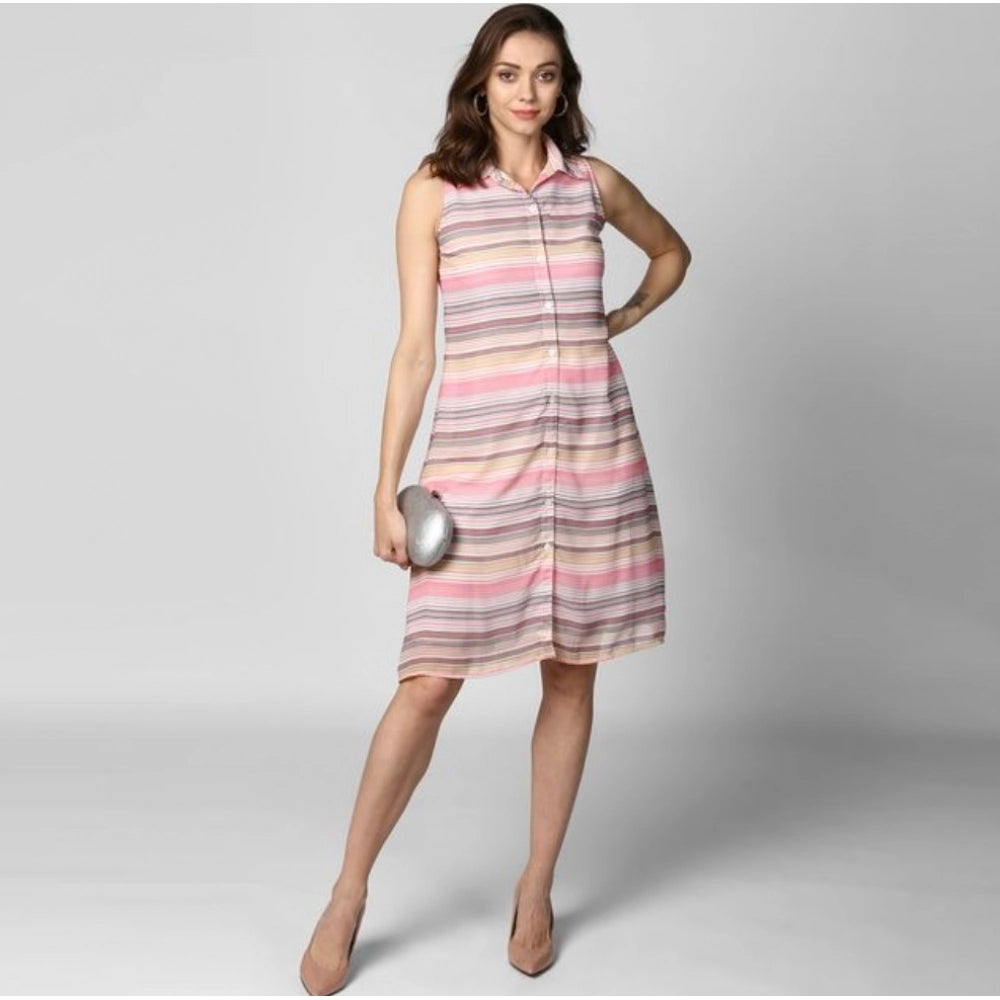 Seduva Women's Polyester Striped Sleeveless Dress (Pink)