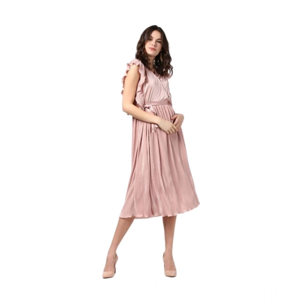 Seduva Women's Polyester Pleated Flutter Dress (Champagne Gold)