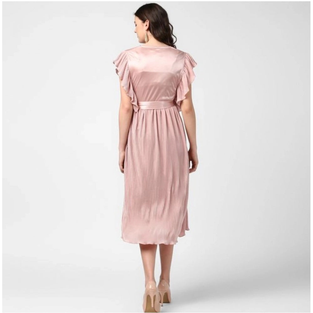 Seduva Women's Polyester Pleated Flutter Dress (Champagne Gold)