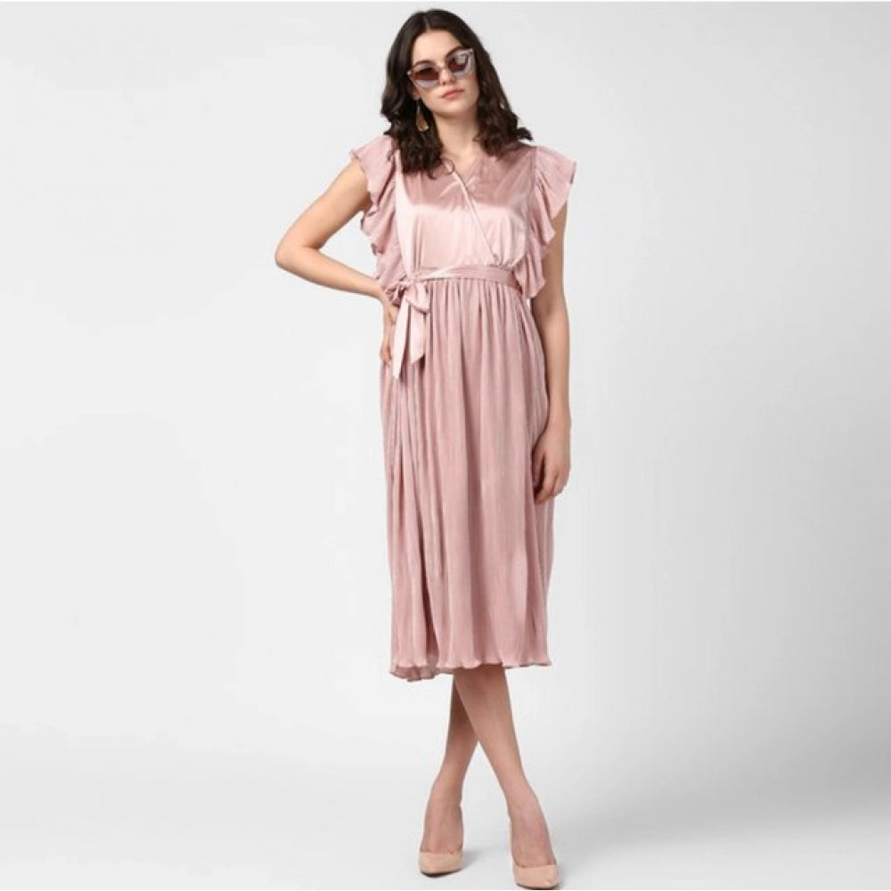 Seduva Women's Polyester Pleated Flutter Dress (Champagne Gold)
