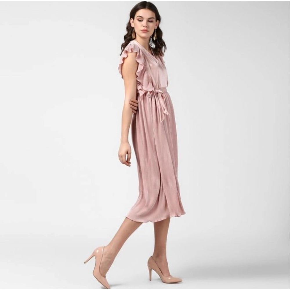 Seduva Women's Polyester Pleated Flutter Dress (Champagne Gold)