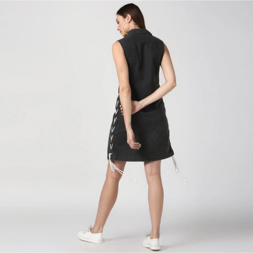 Seduva Women's Denim Solid Sleeveless Dress (Black)