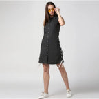 Seduva Women's Denim Solid Sleeveless Dress (Black)