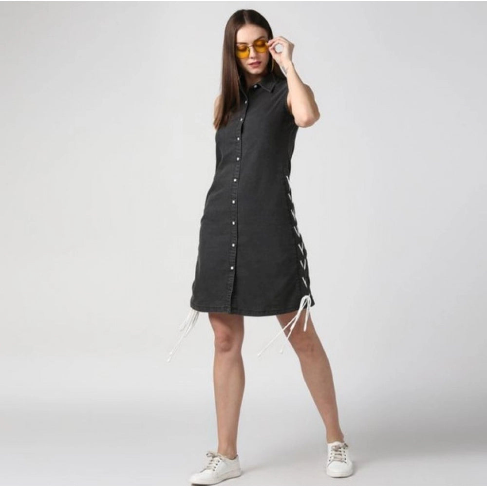 Seduva Women's Denim Solid Sleeveless Dress (Black)