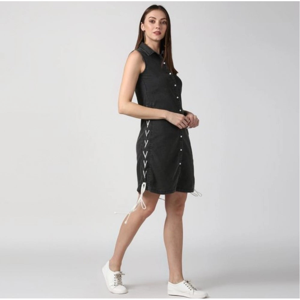 Seduva Women's Denim Solid Sleeveless Dress (Black)