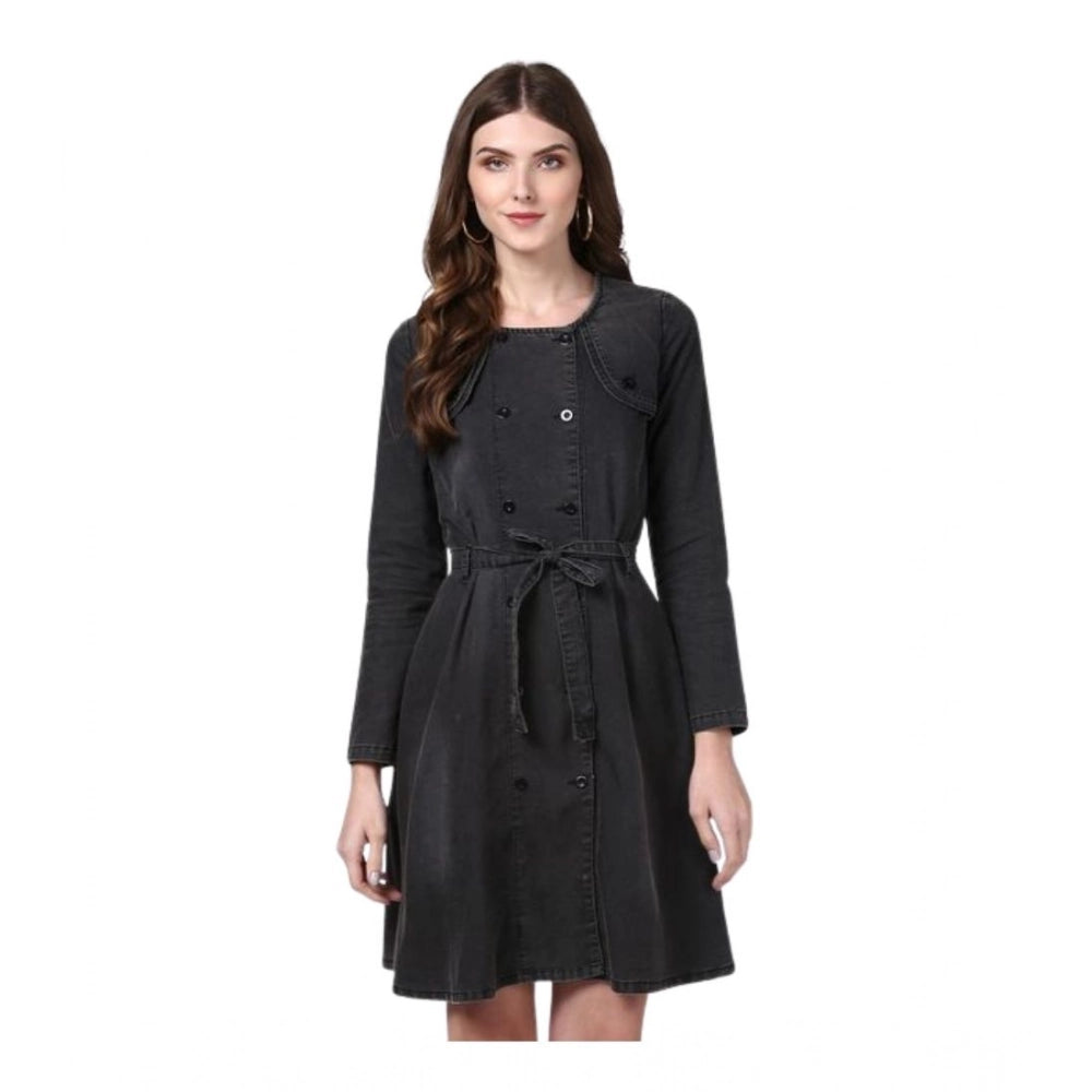 Seduva Women's Denim Washed Long Sleeves Dress (Black)