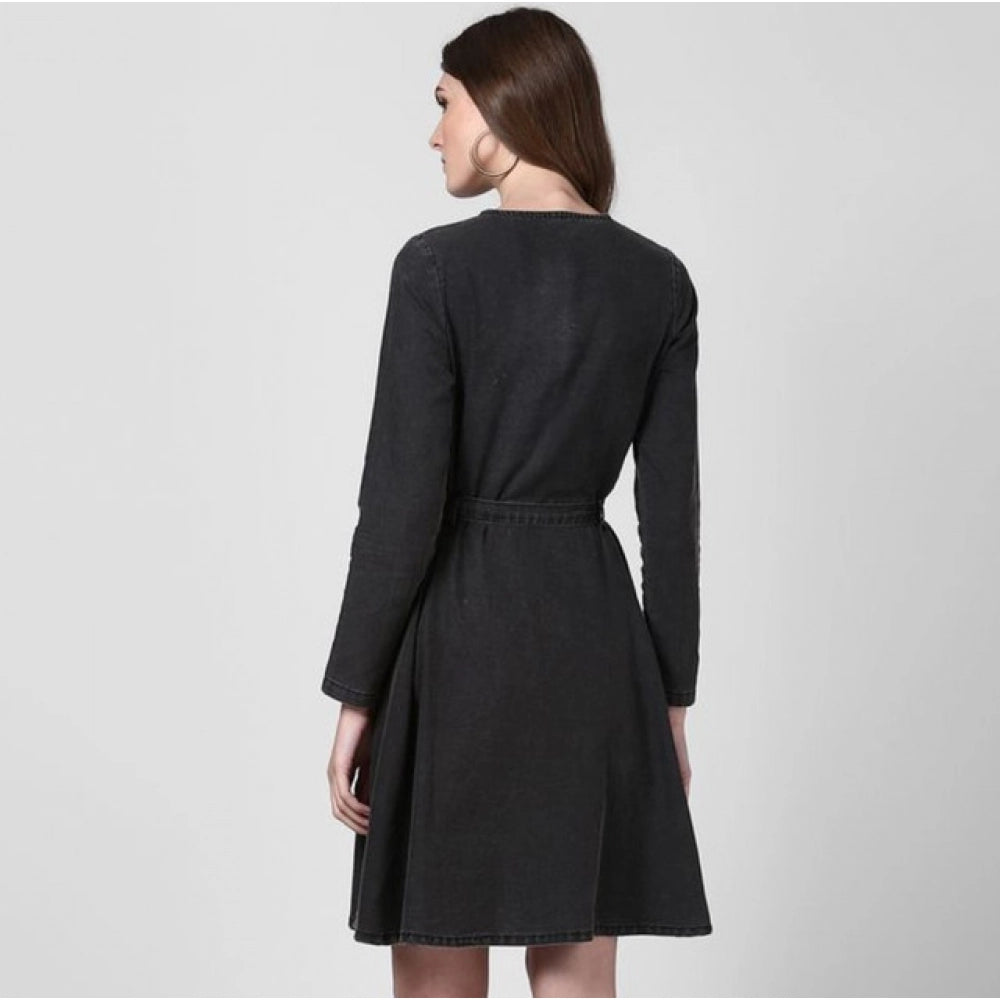 Seduva Women's Denim Washed Long Sleeves Dress (Black)