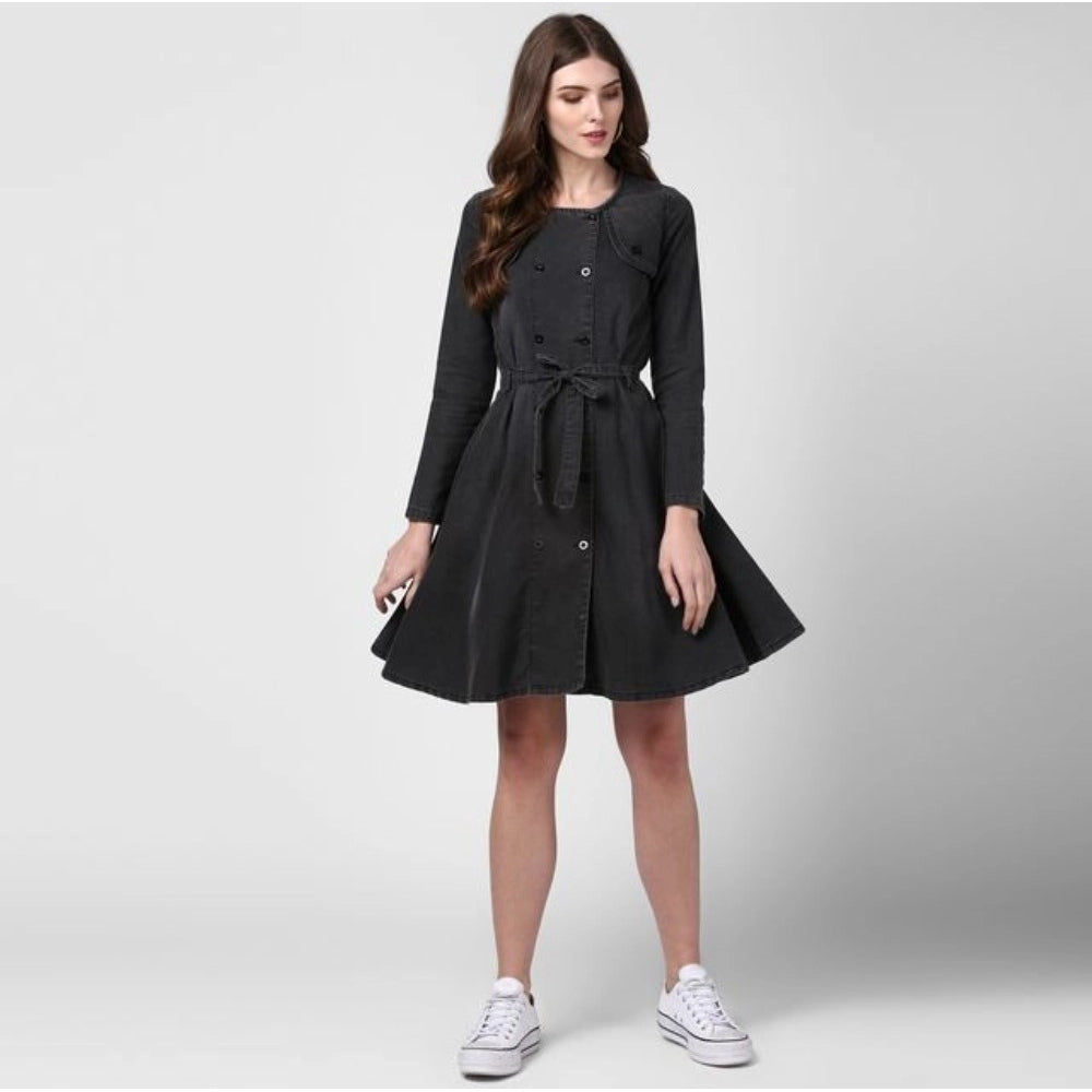 Seduva Women's Denim Washed Long Sleeves Dress (Black)