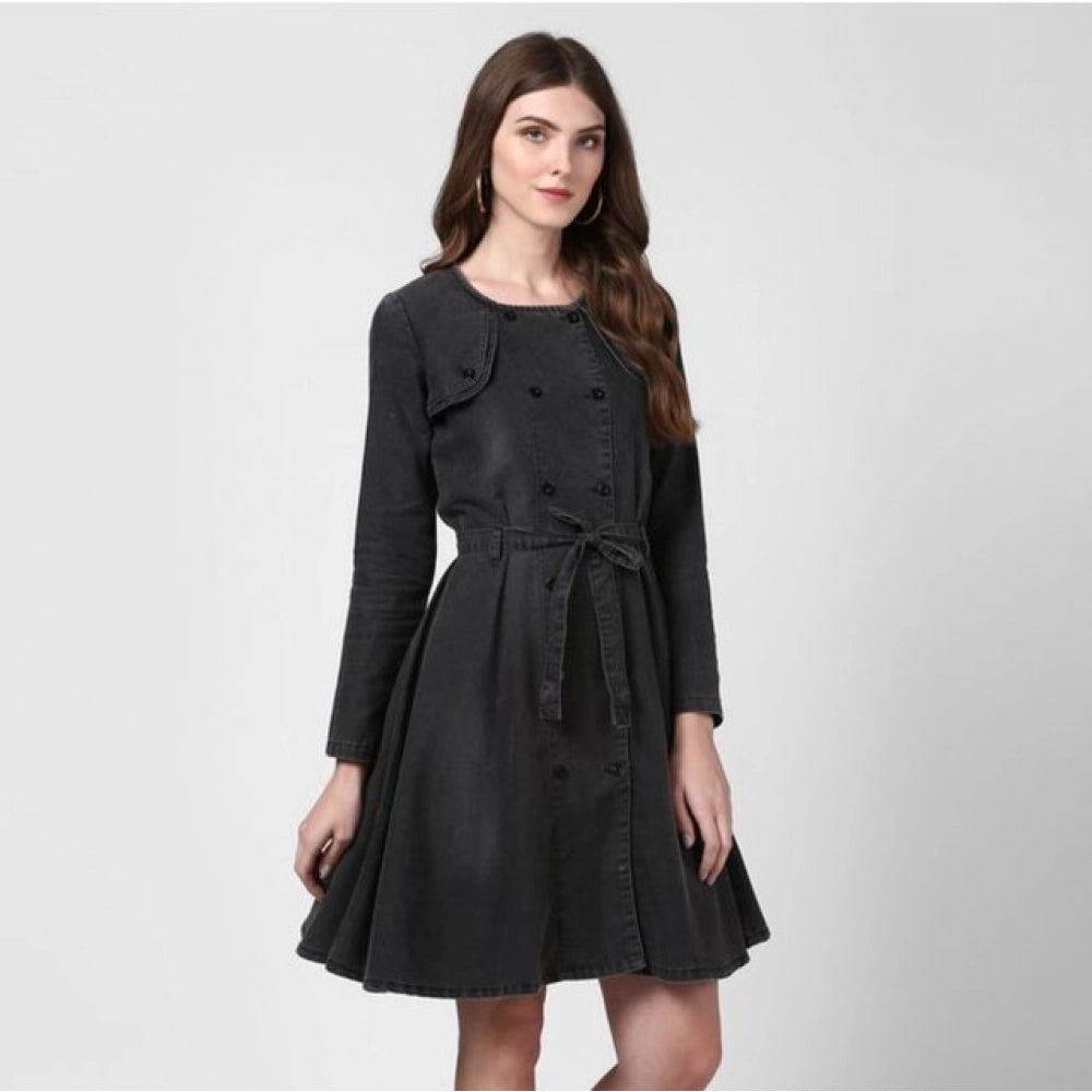 Seduva Women's Denim Washed Long Sleeves Dress (Black)