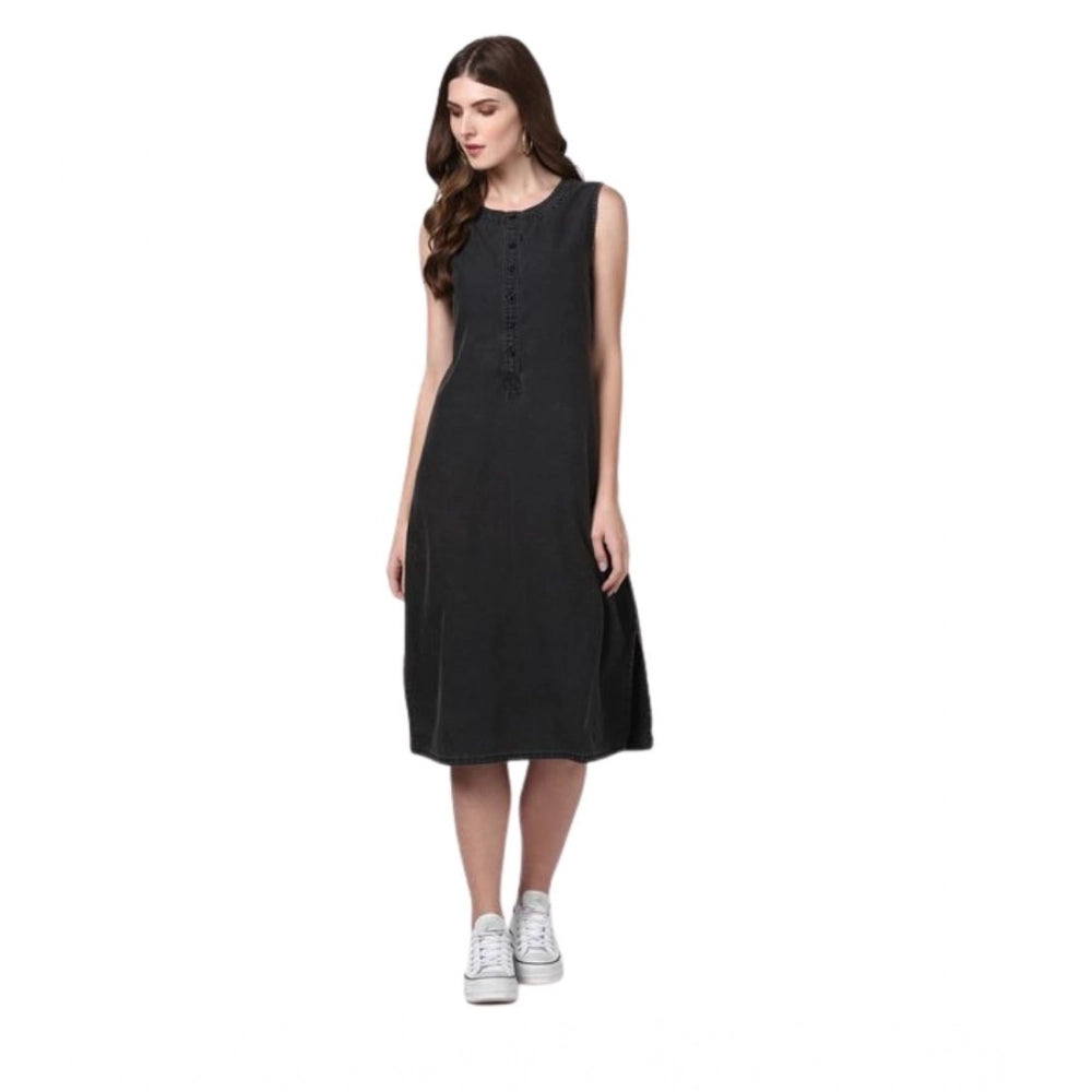 Seduva Women's Denim Solid Sleeveless Dress (Black)