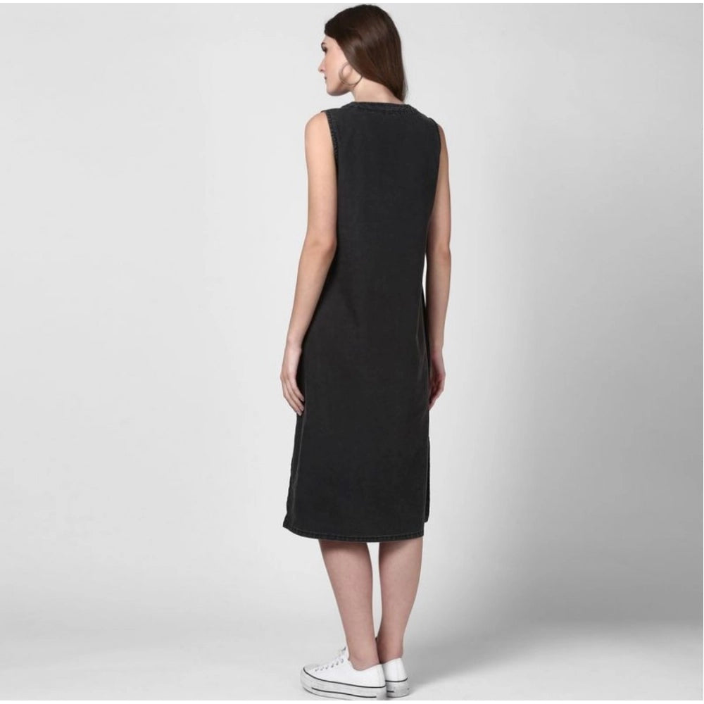 Seduva Women's Denim Solid Sleeveless Dress (Black)