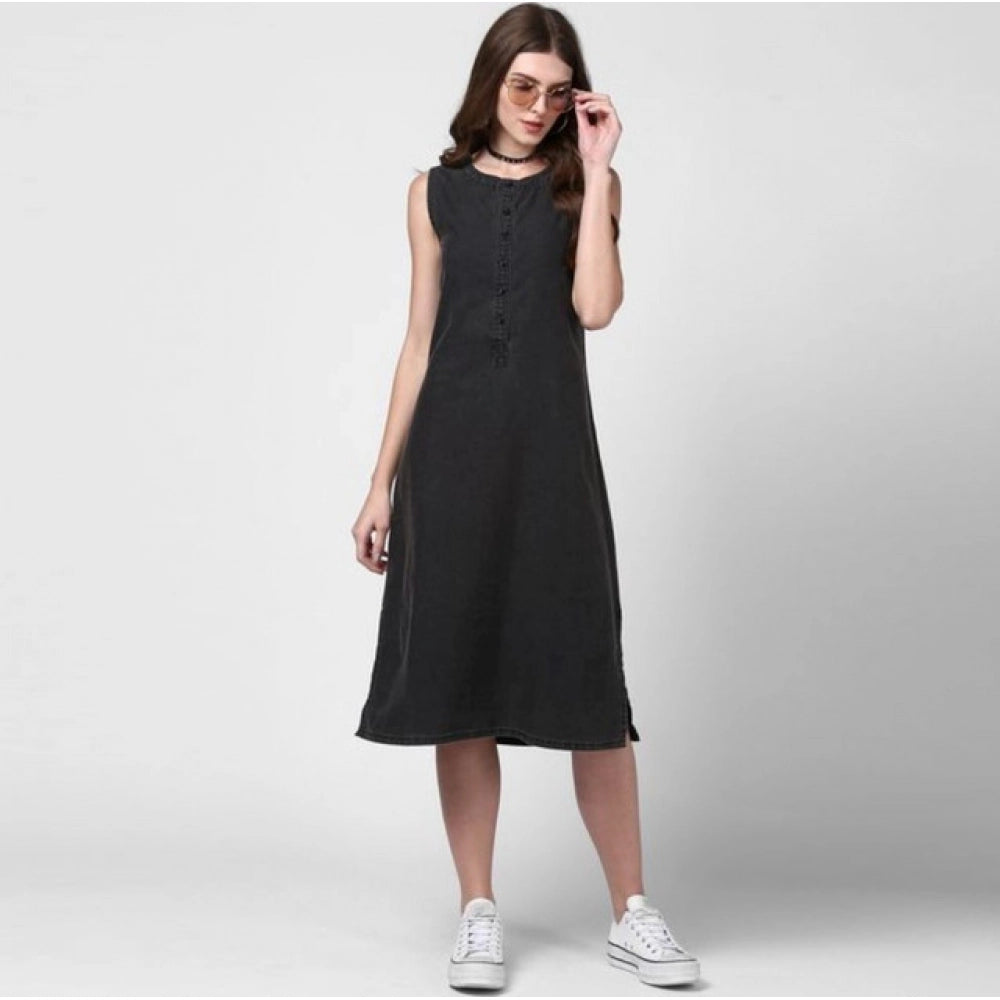 Seduva Women's Denim Solid Sleeveless Dress (Black)