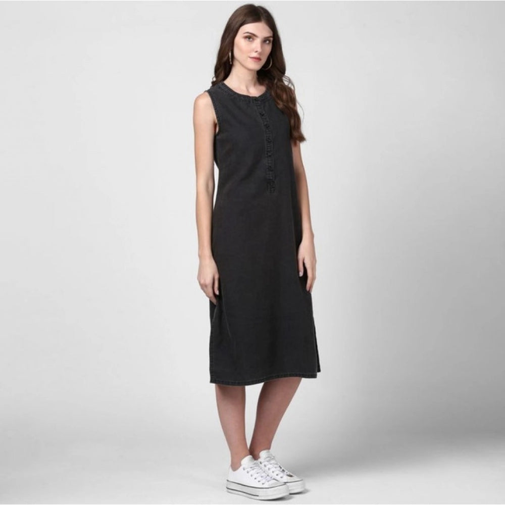 Seduva Women's Denim Solid Sleeveless Dress (Black)