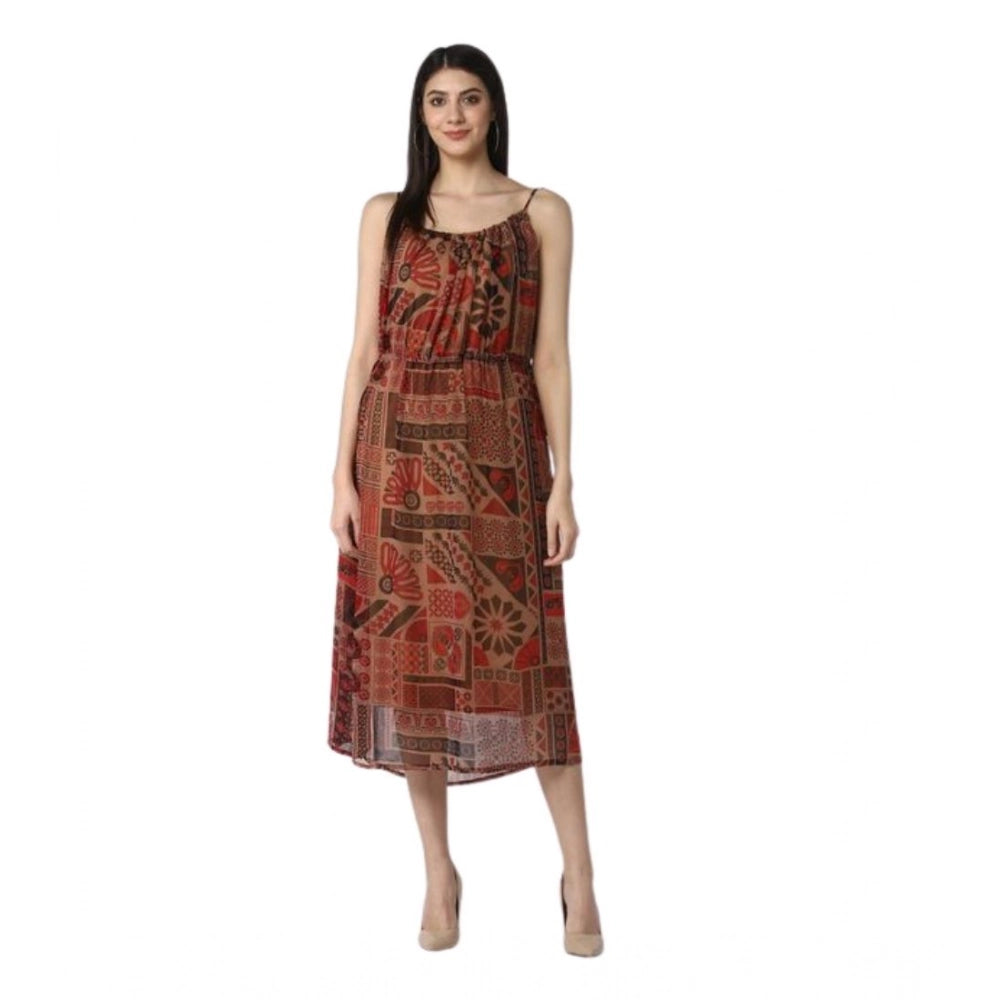 Seduva Women's Polyester Printed Shoulder Straps Dress (Maroon - Brown)