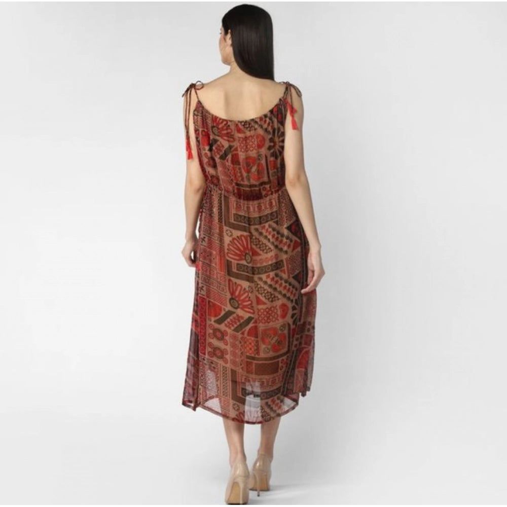 Seduva Women's Polyester Printed Shoulder Straps Dress (Maroon - Brown)