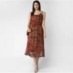 Seduva Women's Polyester Printed Shoulder Straps Dress (Maroon - Brown)