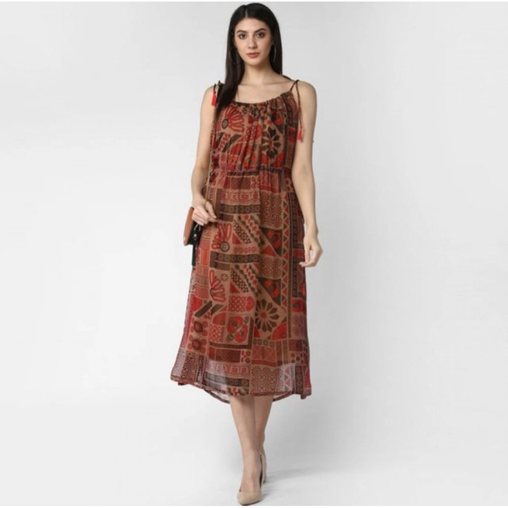 Seduva Women's Polyester Printed Shoulder Straps Dress (Maroon - Brown)