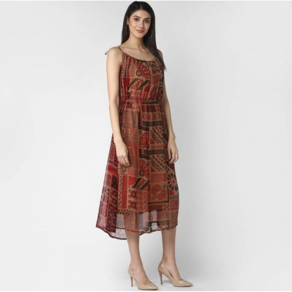 Seduva Women's Polyester Printed Shoulder Straps Dress (Maroon - Brown)