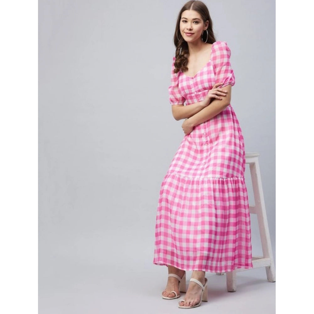 Seduva Women's Polyester Georgette Checkered Half Sleeve Dress (Pink)