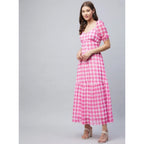 Seduva Women's Polyester Georgette Checkered Half Sleeve Dress (Pink)