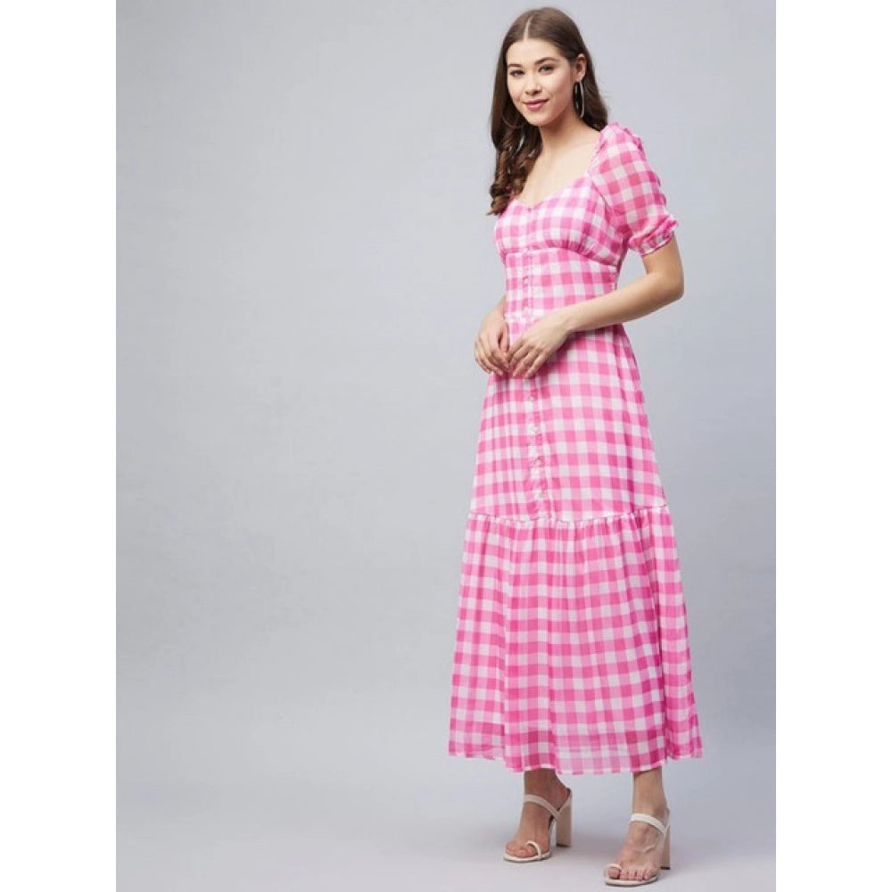 Seduva Women's Polyester Georgette Checkered Half Sleeve Dress (Pink)