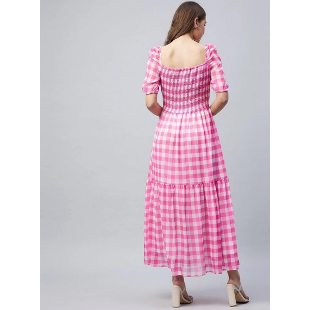 Seduva Women's Polyester Georgette Checkered Half Sleeve Dress (Pink)