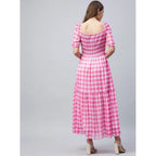Seduva Women's Polyester Georgette Checkered Half Sleeve Dress (Pink)