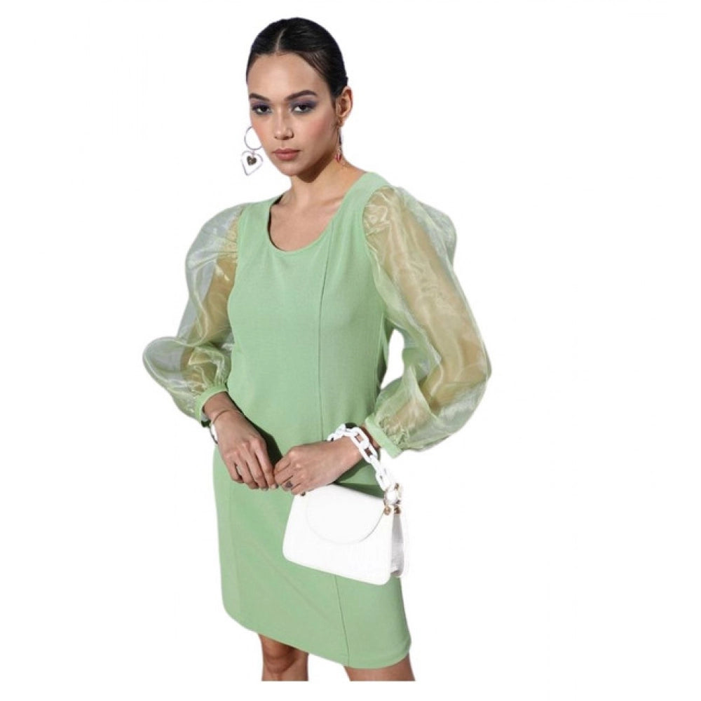 Seduva Women's Organza And Polyester Lycra Solid Long Sleeves Dress (Green)