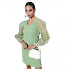 Seduva Women's Organza And Polyester Lycra Solid Long Sleeves Dress (Green)